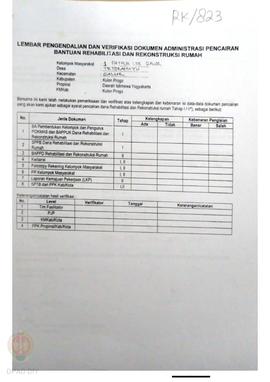 lembar Pengendalian dan Verifikasi Dokumen Administrasi Pencairan Bantuan Rehabilitasi dan Rekons...