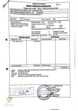 Surat Perintah Pencarian Dana kepada Bendahara Satker Dinas Permukiman dan Prasarana Wilayah Prov...