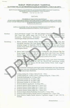 Surat Keputusan Kepala  Kantor Wilayah Badan Pertanahan Nasional Provinsi DIY. No : 159/SK / HGB ...