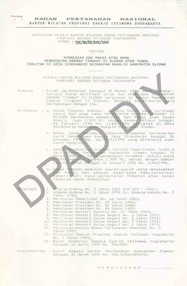 Surat Keputusan Kepala Kantor Wilayah Badan Pertanahan Nasional Provinsi DIY. No : 756/SK / HP / ...