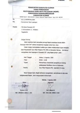 Undangan dari Musyawarah Guru Mata Pelajaran (MGMP) PKn Kabupaten Sleman untuk Ketua  Panwaslu DI...
