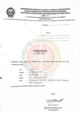 Surat Undangan dari Kepala BP-7 kepada Kepala Kantor Wilayah Departemen Pendidikan dan Kebudayaan...