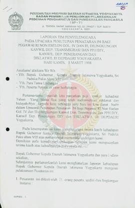 Laporan Tim Penyelenggara pada Upacara Penutupan penataran P-4 bagi Pegawai Republik Indonesia No...