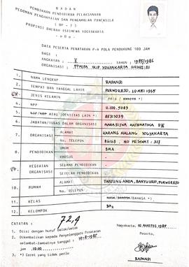 Data peserta penataran P-4 Pola Pendukung 100 jam Angkatan II tahun 1985/1986 Kelas Bahasa Kelomp...