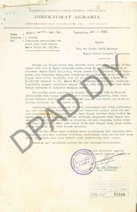 Surat Kepala Direktorat Agraria Propinsi DIY kepada Sri Paduka Wakil Gubernur Kepala DIY tentang ...