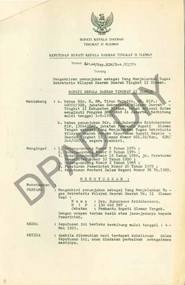 Surat dari Bupati Sleman, an Ymt. Sekretaris Wilayah/Daerah Drs. Suharsono Kridoharsono, kepada G...