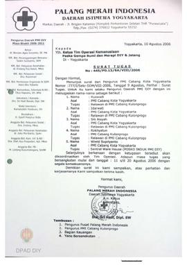 Surat tugas No. 445/PD.13/BA/VIII/2006 menugaskan 5 orang mulai dari tanggal 11 s.d. 20 Agustus 2...