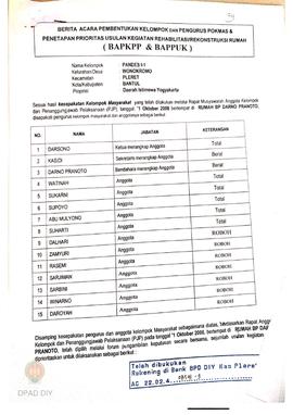 Berita Acara Pembentukan Kelompok dan Pengurus POKMAS & Penetapan prioritas usulan kegiatan R...