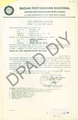 Surat pPernyataan Pelantikan Mookidjo Dwiratno, BA sebagai Kepala  Sub Seksi Penyelesaian Masalah...