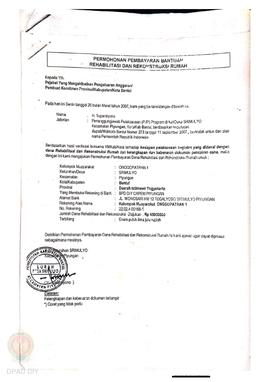 Permohonan Pembayaran Bantuan Rehabilitasi dan Rekonstruksi Rumah, Nama Kelompok Masyarakat Onggo...