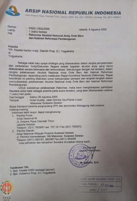 Berkas surat perihal pelaksanaan akuisisi Nasional Arsip Orde Baru dan Kabinet Reformasi Pembangunan