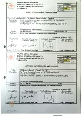 Surat otoritasi pembayaran pembelian voucher guna operasional Tim PSP PMI Bantul periode 22 Febru...