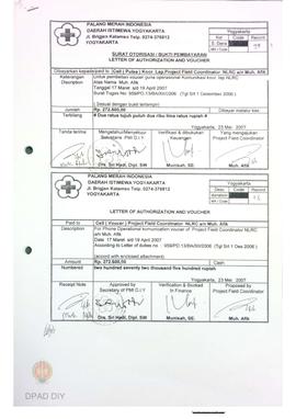 Surat otorisasi/ukti pembayaran untuk pembelian voucher guna operasional komunikasi koordinasi la...