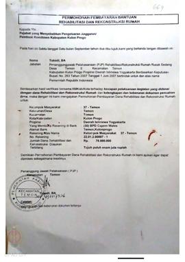 Permohonan Pembayaran Bantuan Rehabilitasi dan Rekonstruksi Rumah, Kelompok Masyarakat 37 Temon, ...