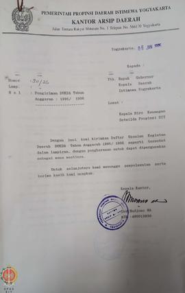 Surat dari Kepala Kantor Arsip Daerah Pemerintah Provinsi Daerah Istimewa Yogyakarta kepada Guber...