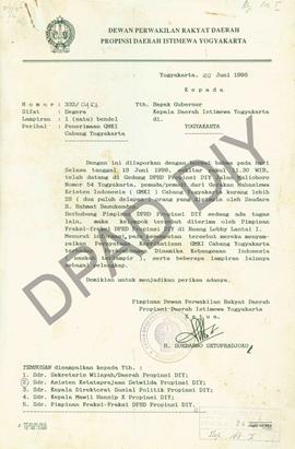 Surat dari Ketua DPRD Propinsi DIY, H. Soedarno Setopradjoko, kepada Gubernur Daerah Istimewa Yog...