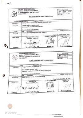 Surat otorisasi/bukti pembayaran untuk pembayaran kunjungan lapangan pengurus PMI DIY periode 29-...