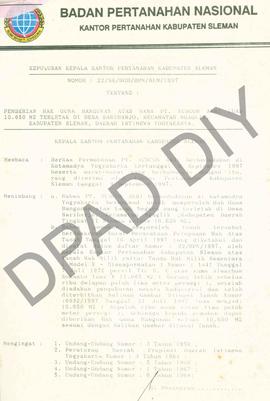 Surat Keputusan Kepala Kantor Wilayah Badan Pertanahan Nasional Provinsi DIY. No: 22 /SK / HGB / ...