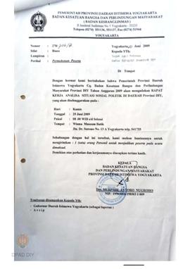 Undangan dari Badan Kesbanglinmas  kepada Ketua  Panwaslu Provinsi DIY perihal Rapat Kerja Analis...