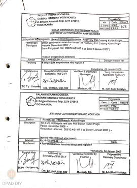 Surat otoritasi atau bukti pembayaran sewa sepeda motor guna operasional recovery wilayah Kulonpr...