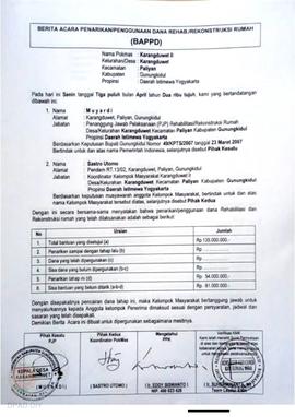 Berita Acara Penarikan/Penggunaan Dana Rehabilitasi/Rekonstruksi Rumah (BAPPD) Rusak Berat, Nama ...