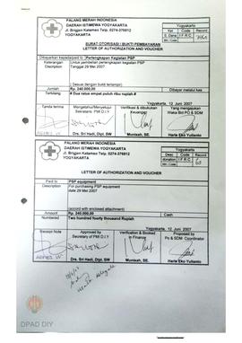 Surat otorisasi pembayaran perlengkapan kegiatan PSP Januari s.d Mei 2007.