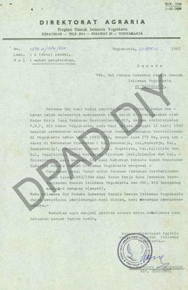 Surat Kepala Direktorat Agraria Propinsi DIY kepada Sri Paduka Gubernur Kepala Daerah DIY perihal...