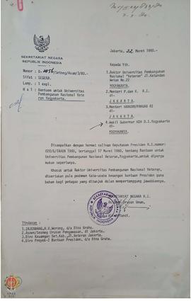 Surat dari Sekretaris Negara RI kepada Gubernur DIY tentang bantuan untuk pembangunan Universitas...