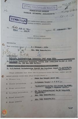 Surat Keputusan Gubernur Kepala Daerah Istimewa Yogyakarta Nomor 1623/C./2.I/75/404.1/136/124 II ...