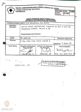 Bukti pembayaran kepada PT Borobudur OTO mobil perihal servis mobil operasional logistik nomor po...