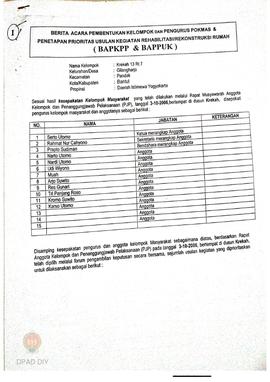 Berita Acara Pembentukan Kelompok dan Pengurus Kelompok Masyarakat dan Penetapan Prioritas Usulan...