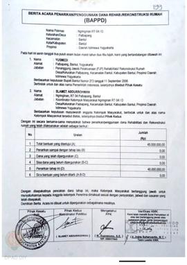 Berita Acara Penarikan/Penggunaan Dana Rehabilitasi/Rekonstruksi Rumah (BAPPD) Rusak Ringan, Nama...