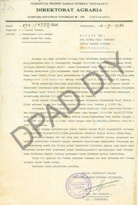 Surat Kepala Direktorat Agraria Propinsi DIY kepada Sri Paduka Wakil Gubernur Kepala DIY tentang ...