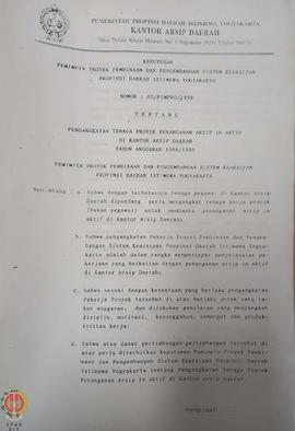 Berkas Surat Keputusan tentang pengangkatan tenaga proyek penanganan arsip inaktif di Kantor Arsi...