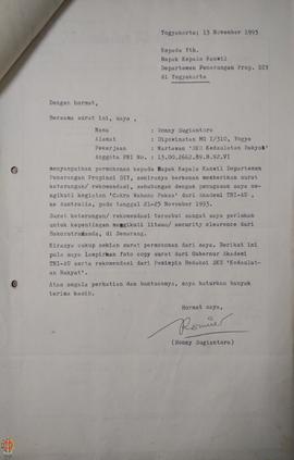 Surat dari Ronny Sugiantoro kepada Kepala Kantor Wilayah Departemen Penerangan Provinsi Daerah Is...