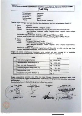 Berita Acara Penarikan/Penggunaan Dana Rehabilitasi/Rekonstruksi Rumah (BAPPD) Rusak Berat, Nama ...