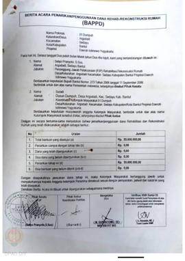 Berita Acara Penarikan/Penggunaan Dana Rehabilitasi/Rekonstruksi Rumah (BAPPD) Rusak Berat, Nama ...
