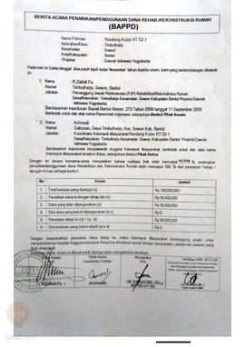 Berita Acara Penarikan/Penggunaan Dana Rehabilitasi/Rekonstruksi Rumah (BAPPD) Rusak Berat, Nama ...