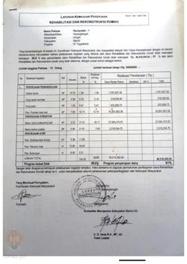 Laporan Kemajuan Pekerjaan Rehabilitasi dan Rekonstruksi rumah,  Nama Kelompok Masyarakat Numpuka...