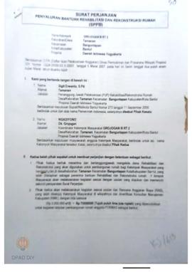 Surat Perjanjian Penyaluran Bantuan Rehabilitasi dan Rekonstruksi Rumah (SPPB)Rusak Berat, Nama K...