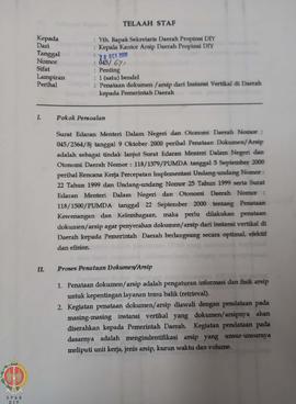 Berkas perihal proses/prosedur penataan dokumen arsip dari instansi vertikal di Derah Istimewa Yo...