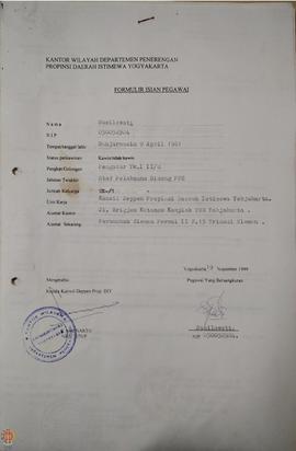 Bendel Formulir Isian Pegawai Kantor Wilayah Departemen Penerangan Provinsi Daerah Istimewa Yogya...