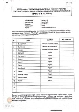 Berita Acara Pembentukan Kelompok dan Pengurus Pokmas dan Penetapan Prioritas Usulan Kegiatan Reh...