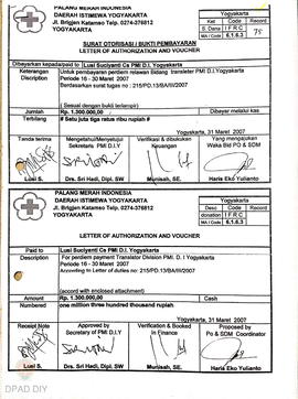 Surat otorisasi/bukti pembayaran kepada Lusi Suciyanti C.S. PMI DIY untuk pembayaran perdiem rela...