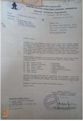 Surat Kepala Kantor Wilayah Direktorat Jenderal Pariwisata DIY kepada Sri Paduka Wakil Gubernur P...
