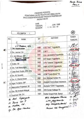 Bendel Presensi Peserta Penataran Calon Pelatih Inti Simulasi P-4 bagi Dosen Perguruan Tinggi di ...