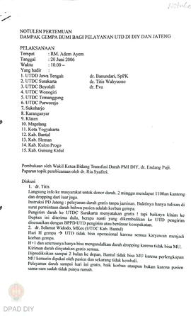 Notulen rapat dampak gempa bumi bagi pelayanan UTD di DIY dan Jawa Tengah, pertemuan PD pleno dan...