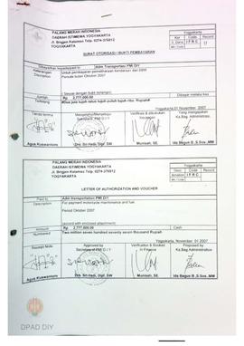 Surat otorisasi untuk pembayaran pemeliharaan kendaraan dan BBM yang digunakan untuk operasional ...