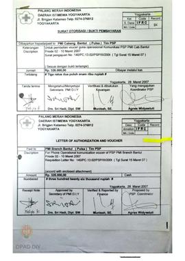 Surat otorisasi pembayaran pembelian voucher guna operasional Tim PSP PMI Bantul periode 2 s.d. 1...