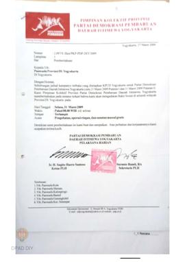 Surat dari Partai Demokrasi Pembangunan kepada Panwaslu tentang pemberitahuan kampanye pada Bulan...